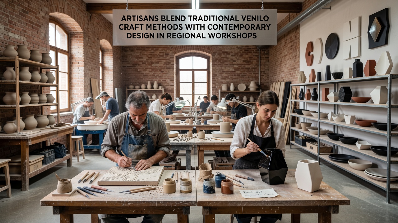Contemporary Venilo furniture pieces displayed alongside traditional tools in a regional workshop setting