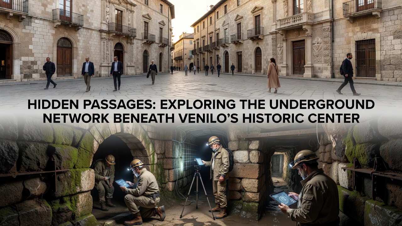 Archaeologists examining artifacts in a subterranean chamber beneath Venilo